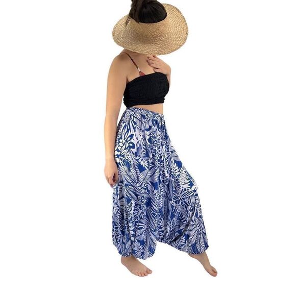 Apau ~ Gender Fluid Aladdin Gypsy Pants Blue White Tropical Floral Leaf Design - Picture 3 of 14